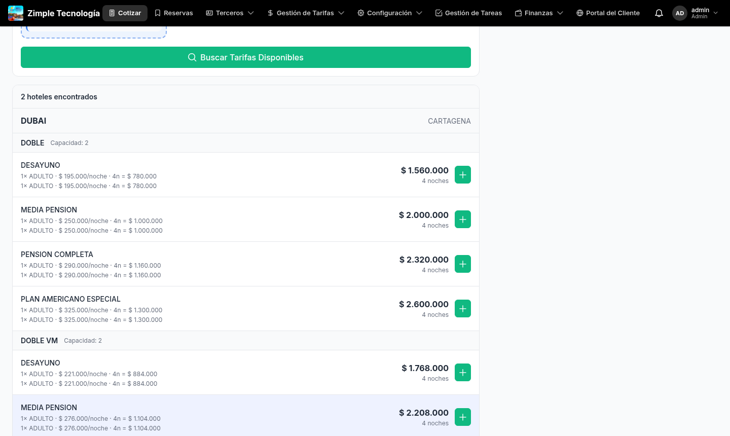 Resultados del cotizador por convenio