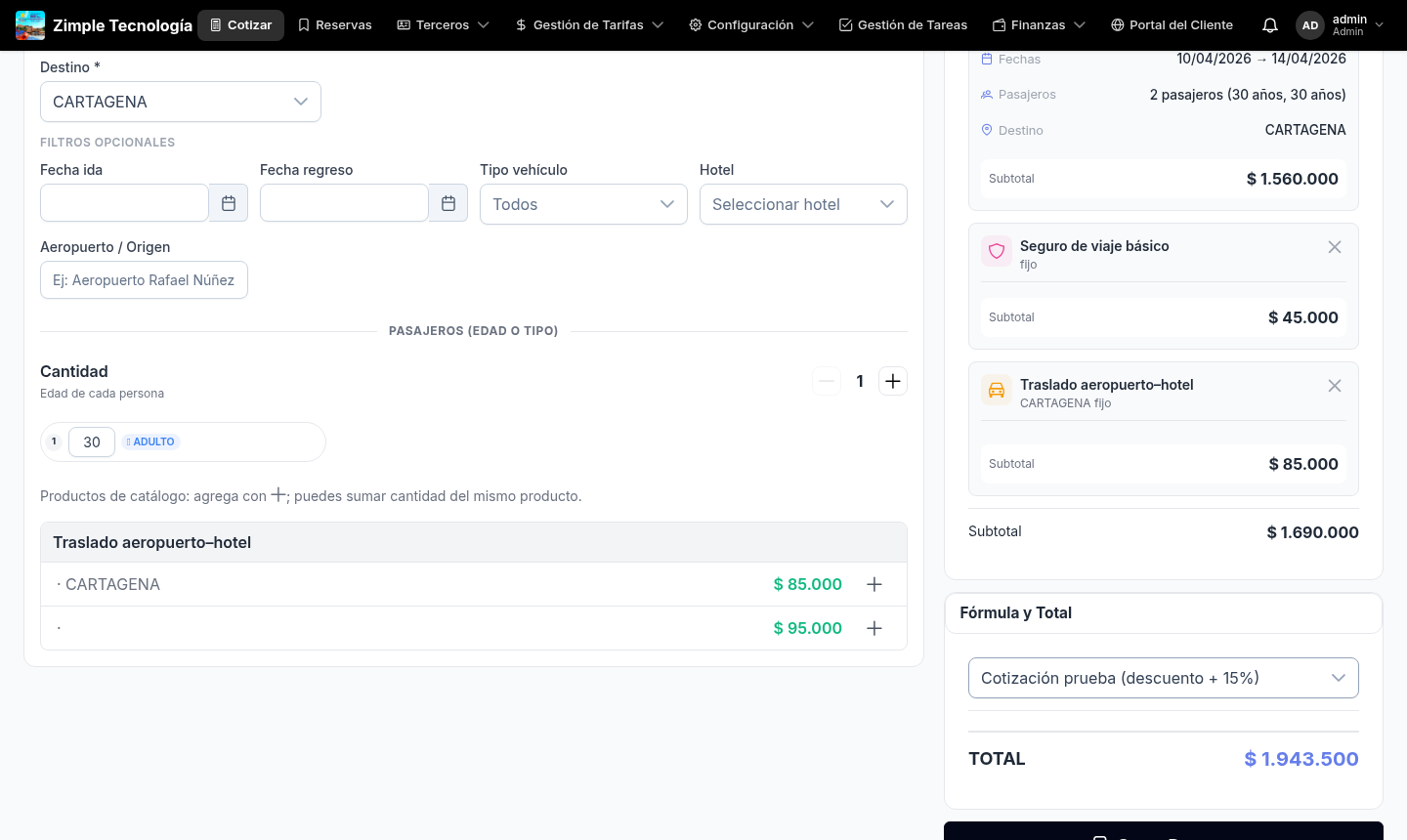 Cotizador multi-servicio con fórmula de precios