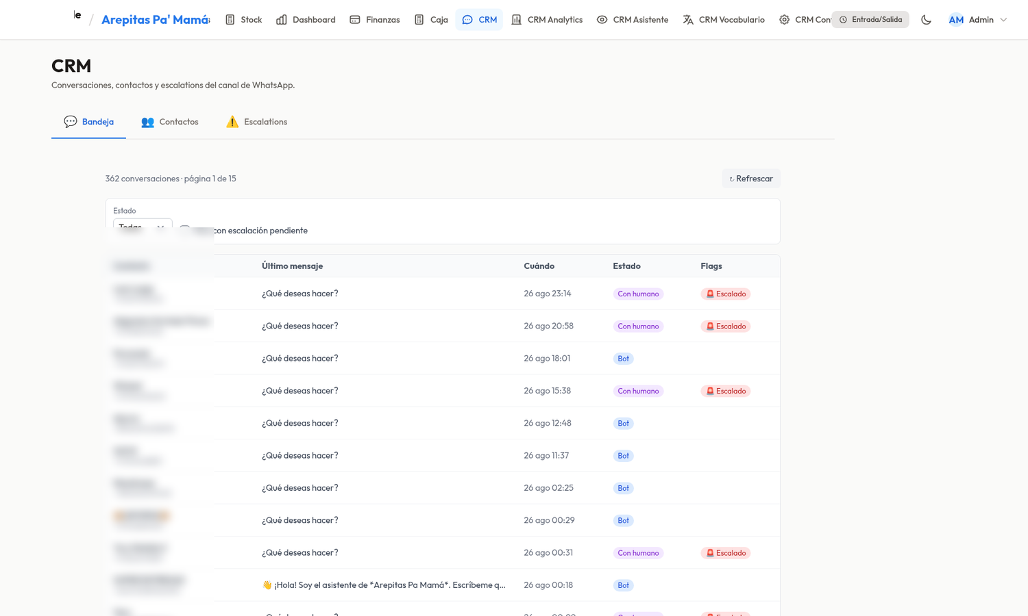 EJE — bandeja del CRM conversacional de WhatsApp