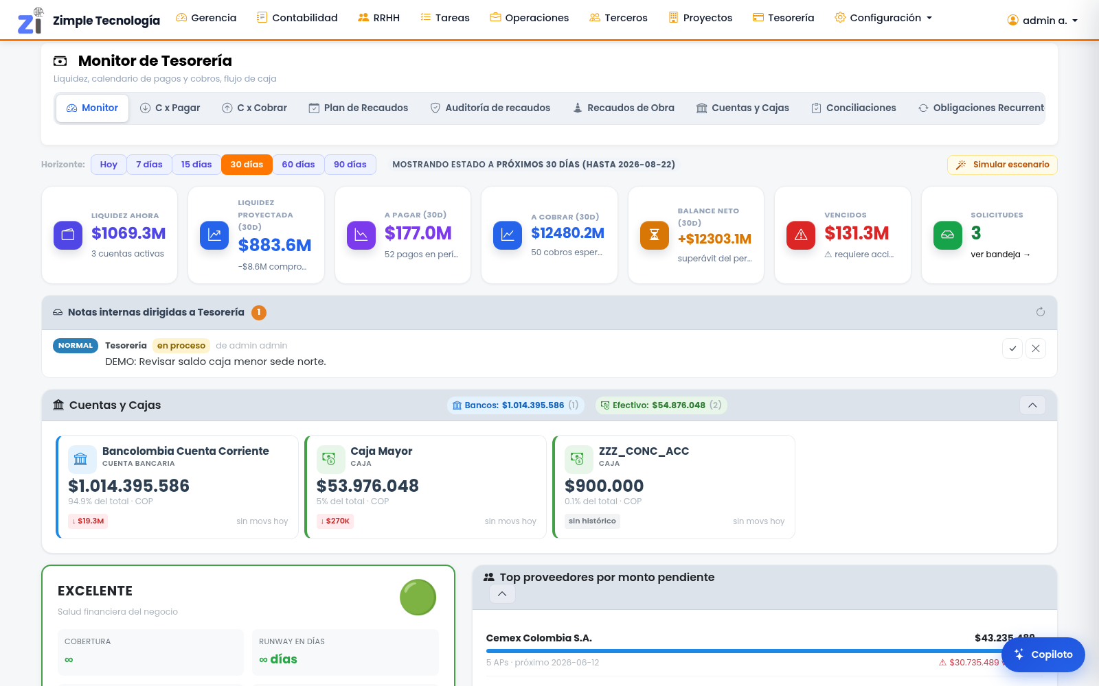 ERP Zimple — monitor de tesorería y flujo de caja, captura real del sistema