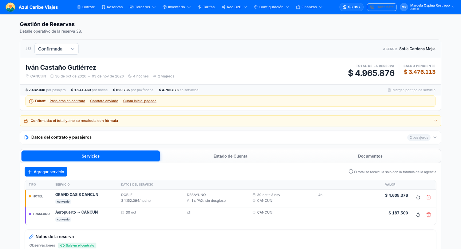 ÍTACA — detalle de una reserva con servicios, plan de cuotas y documentos