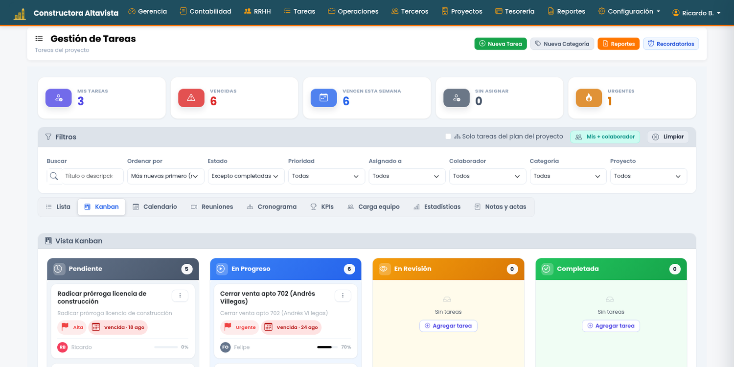 PILAR — tareas en tablero kanban